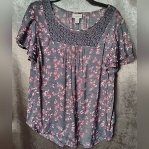 Liz Claiborne Grey and Pink Floral Blouse Size Large